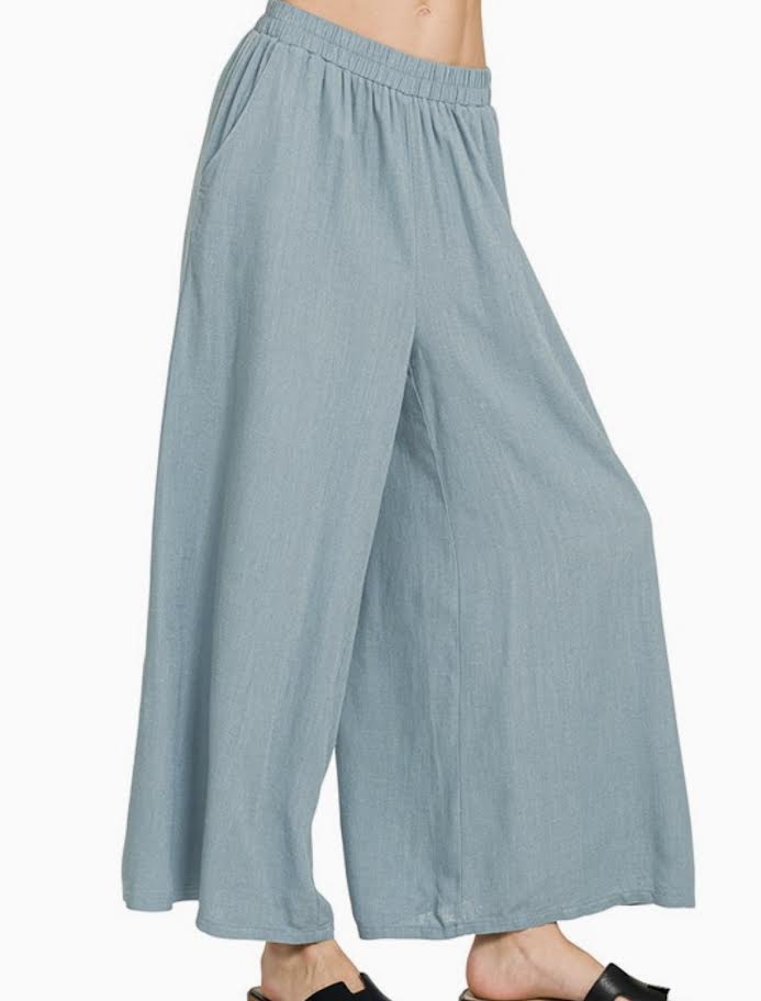 Zenana: Woven Pleated Linen Blend Wide Leg Pants- Blue/grey (S-XL)