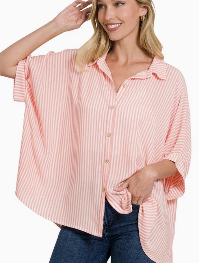 Zenana: Coral Oversized Striped Short Sleeve Button Up (S/M-2X/3X)