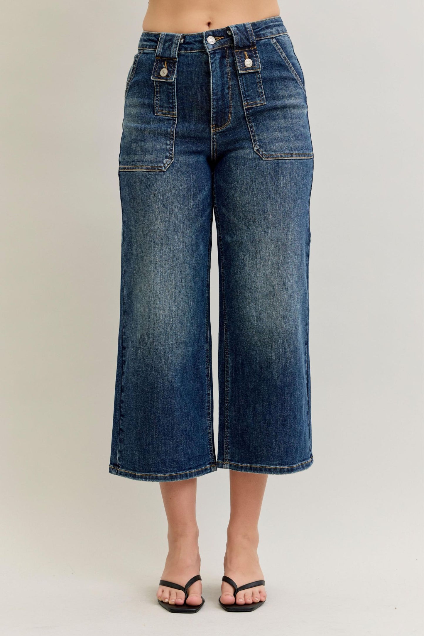 Judy Blue: High-waist Wide Crop Utility & Patch Pocket Jeans
