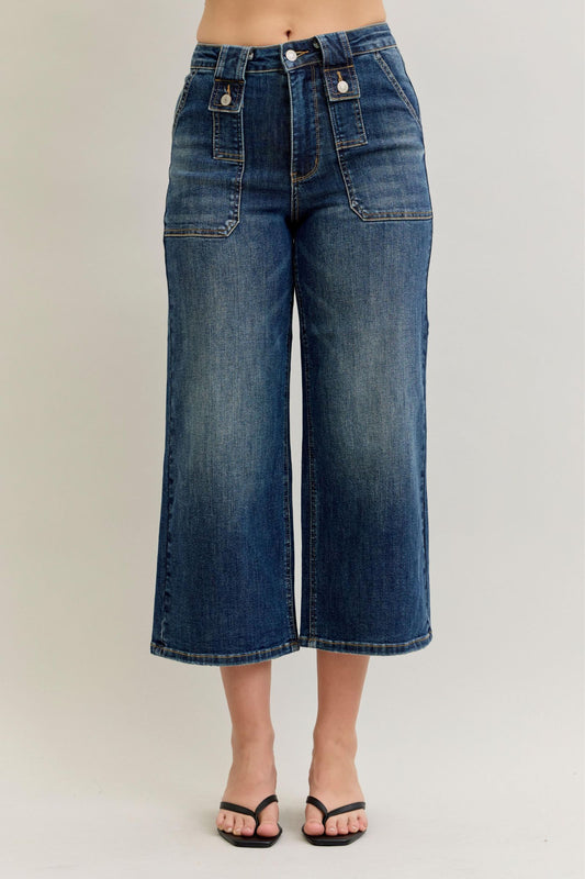 Judy Blue: High-waist Wide Crop Utility & Patch Pocket Jeans