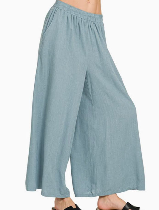 Zenana: Woven Pleated Linen Blend Wide Leg Pants- Blue/grey (S-XL)