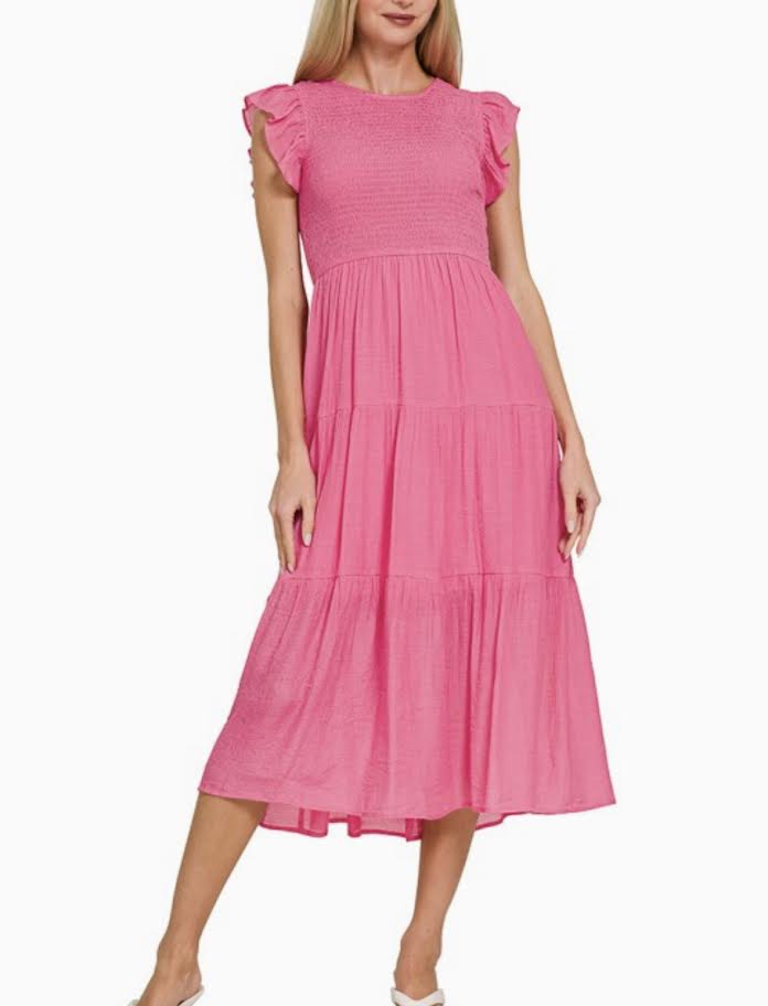 Zenana: Smocked Ruffle Sleeve Midi Dress (S-L)