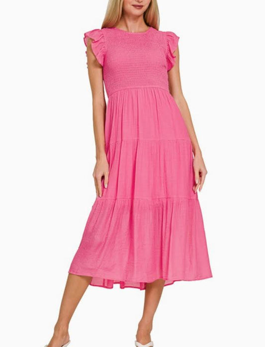 Zenana: Smocked Ruffle Sleeve Midi Dress (S-L)