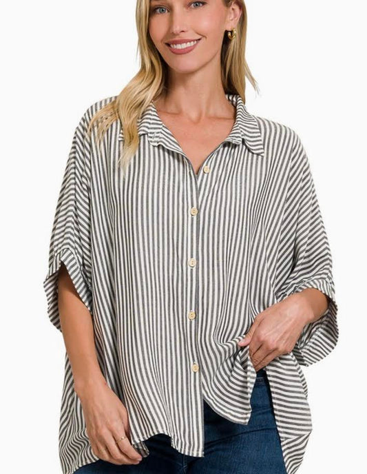 Zenana: Black Oversized Striped Short Sleeve Button Up (S/M-2X/3X)