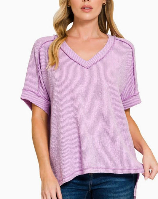 Zenana: Lavender Raised Rib Short Sleeve Hi-low Vneck Top (S/M-2X/3X)