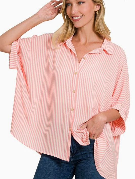 Zenana: Coral Oversized Striped Short Sleeve Button Up (S/M-2X/3X)