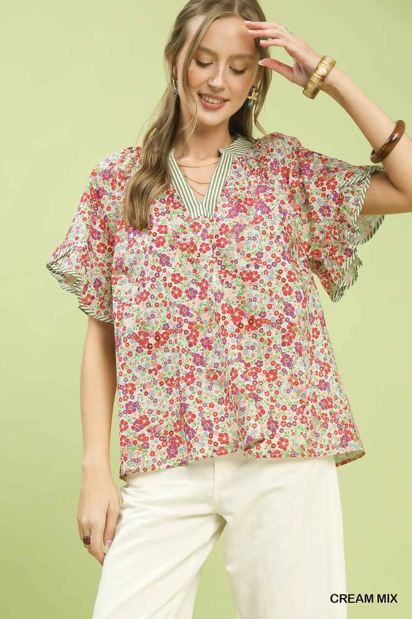 Umgee: Blossom Bouquet Floral Ruffle Sleeve Top