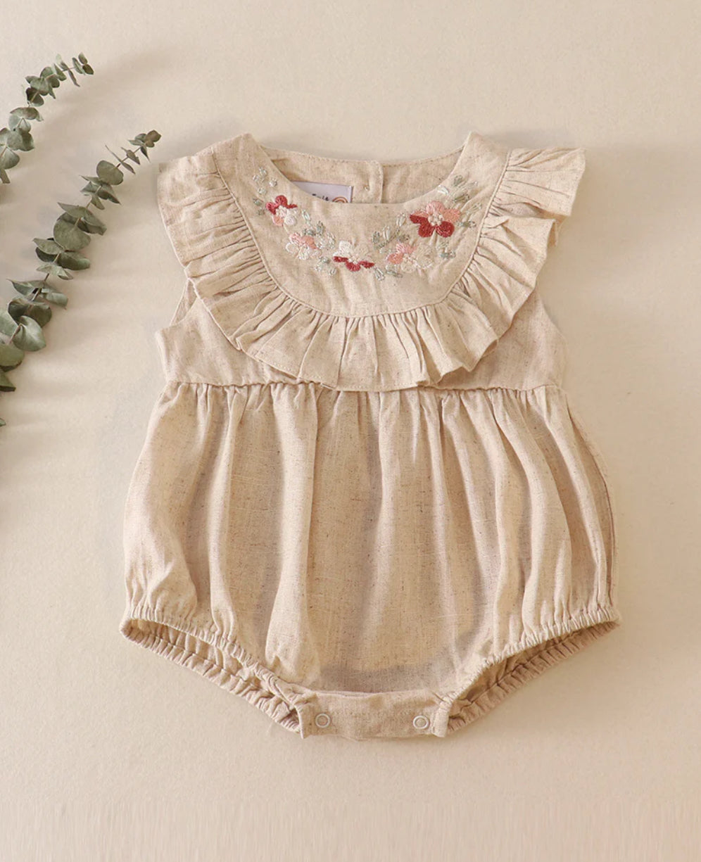Beige Floral Embroidery Ruffle Linen Bubble