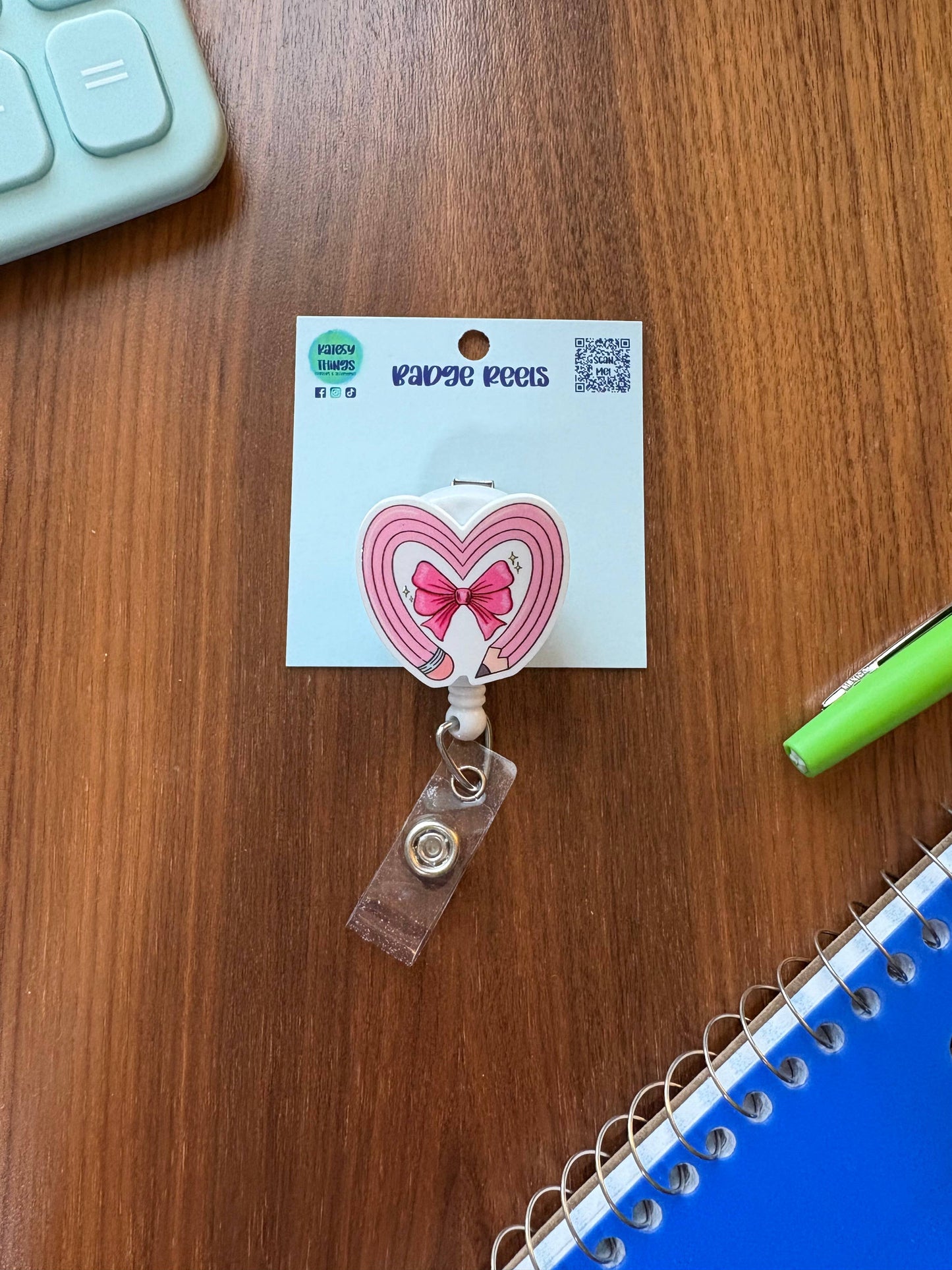 Pink Pencil & Bow Badge Reel