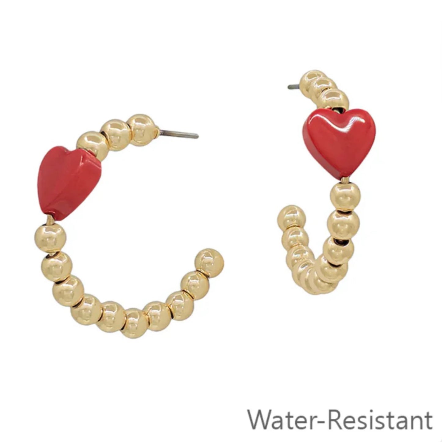 Red Heart & Gold Bead Wr Hoops